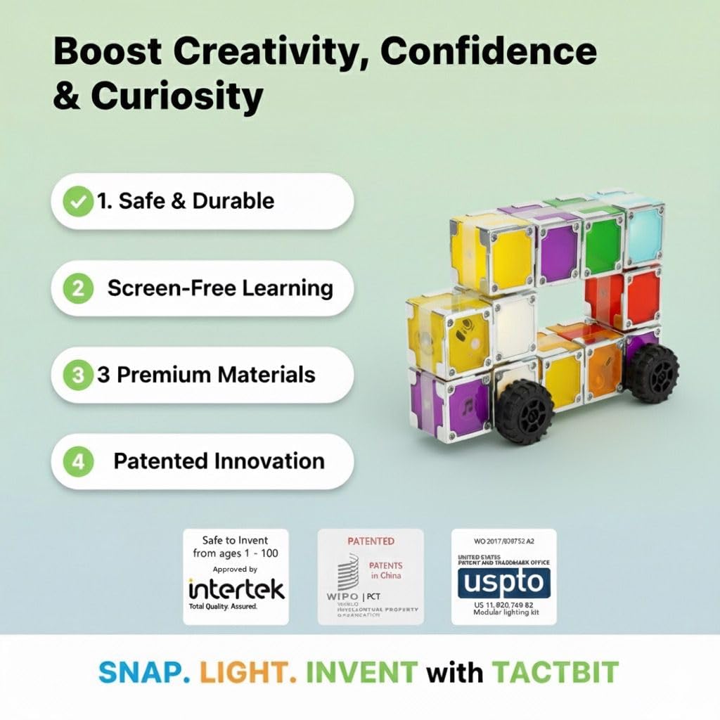 Quad Magnetic Electronic Cubes Set | LED Light-Up STEAM Building Blocks with Music & Recorder | STEM Educational Toy, Montessori & Sensory Play for ADHD, SEN & Autism | Fun for All Ages 1–100